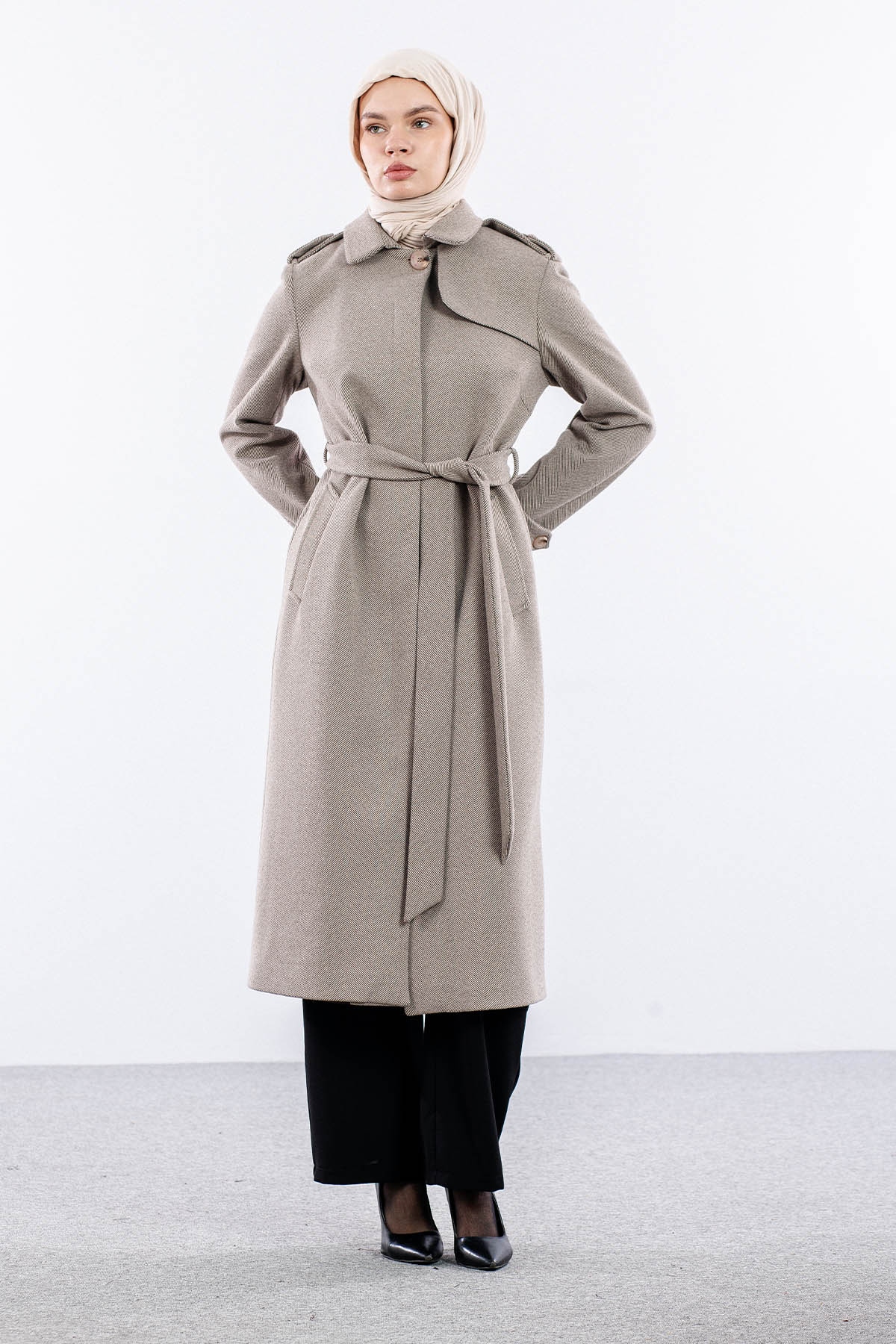 F-1586 Kaşe Kaban 38-48 Baliksirti Fermuarli - Kahve - 1