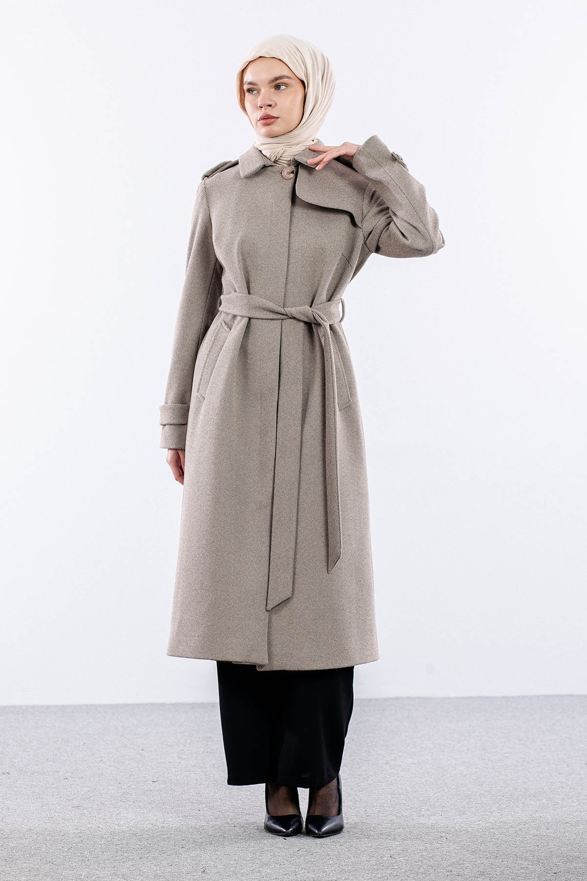 F-1586 Kaşe Kaban 38-48 Baliksirti Fermuarli - Kahve - 4