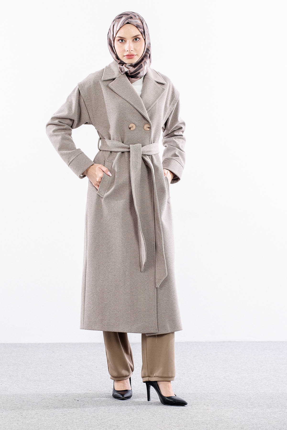 F-1595 Kaşe Kaban 38-48 Takma Kol Balıksırtı - K_kahve - 1