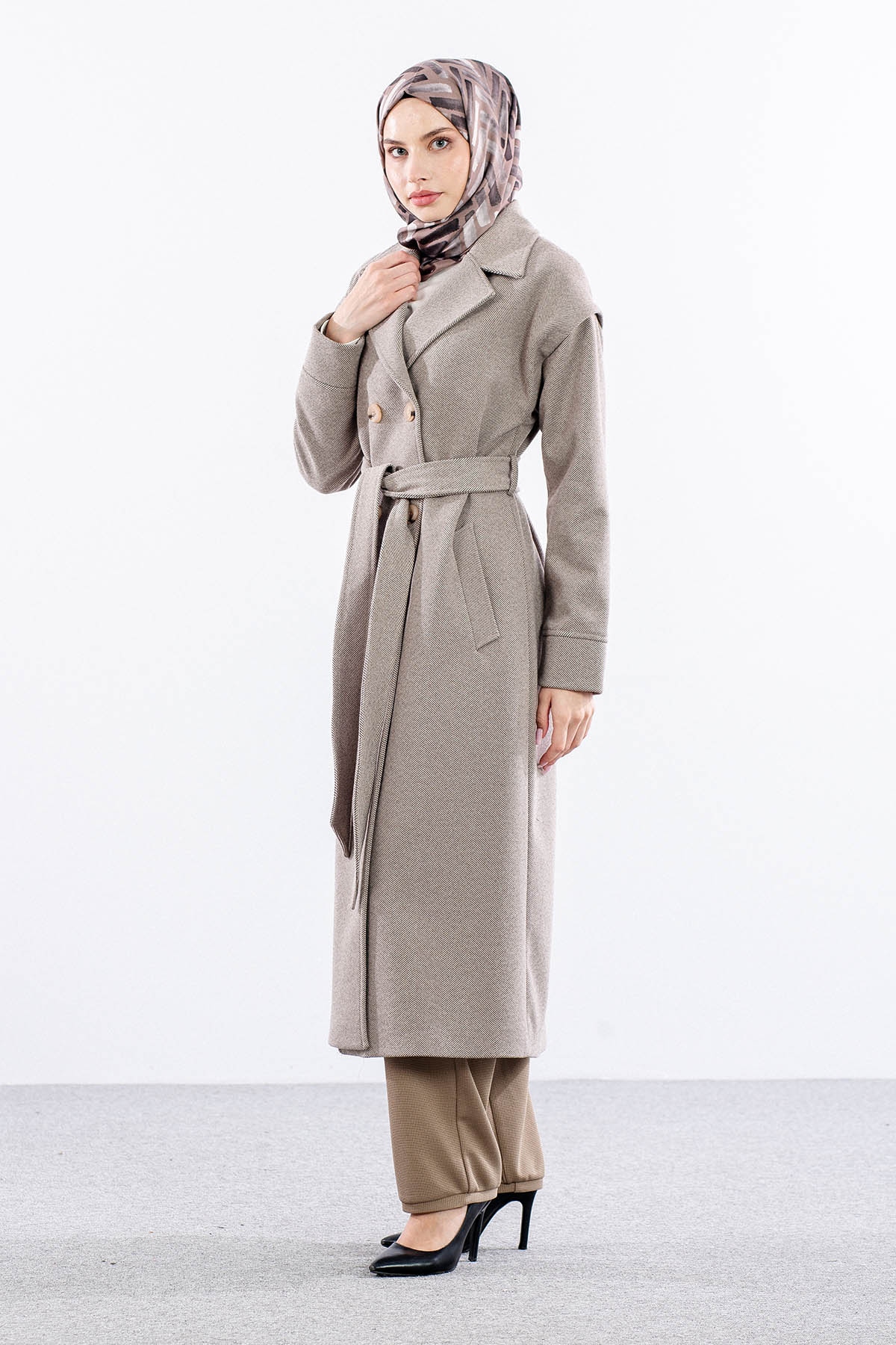 F-1595 Kaşe Kaban 38-48 Takma Kol Balıksırtı - K_kahve - 2