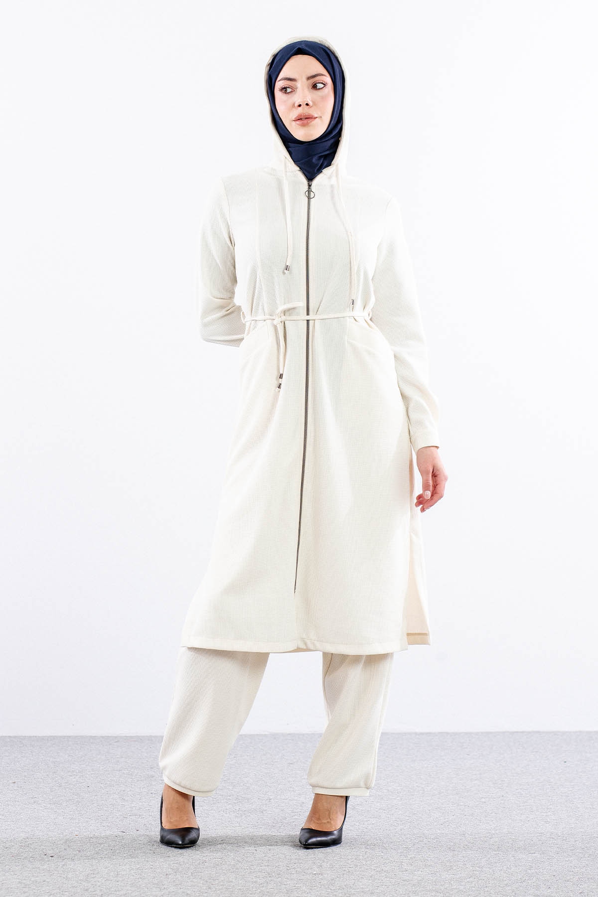 F-1598 Takim 38-48 Kapsonlu Fermuarli - Ekru - 2