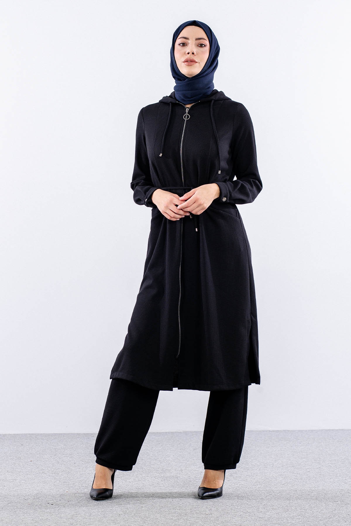 F-1598 Takim 38-48 Kapsonlu Fermuarli - Siyah - 1