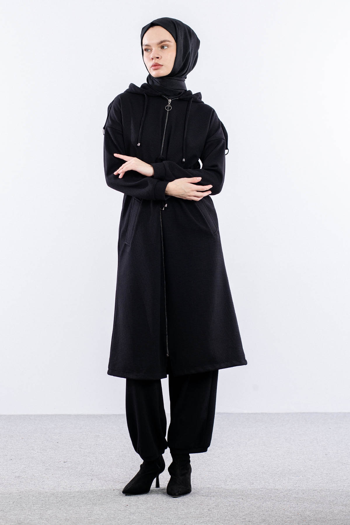 F-1599 Takim 38-48 Fermuarli Spor - Siyah - 2