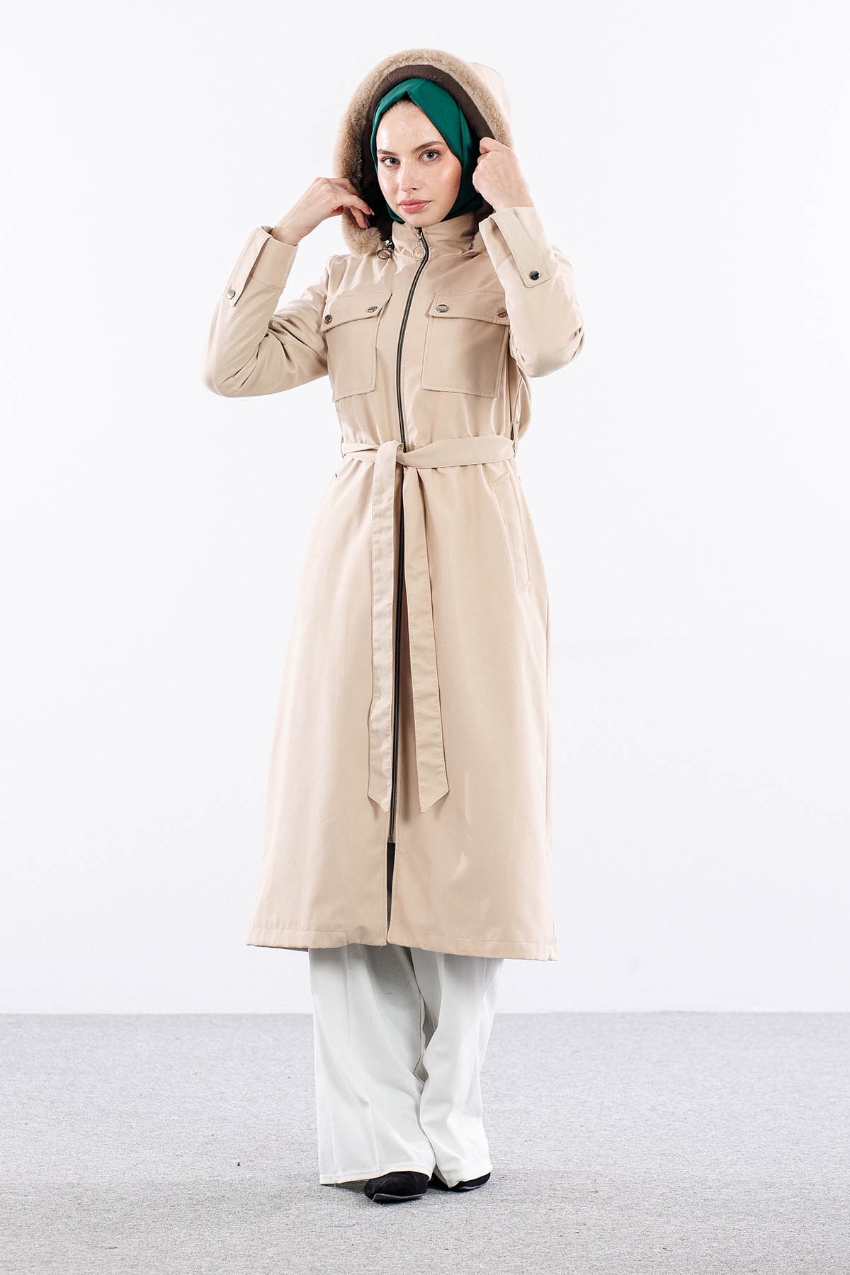 F1580 Parka 38-48 Kurklu Kapson - Bej - 1