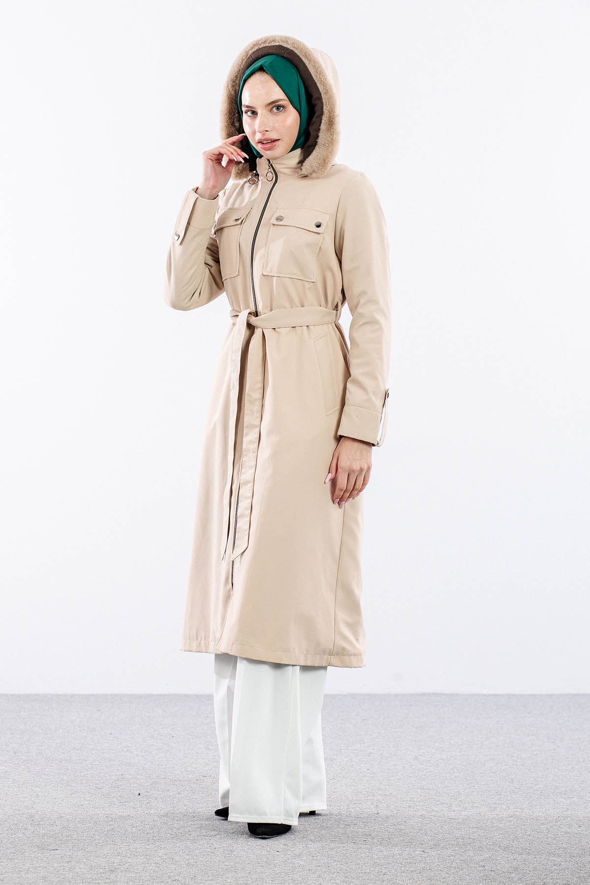 F1580 Parka 38-48 Kurklu Kapson - Bej - 3