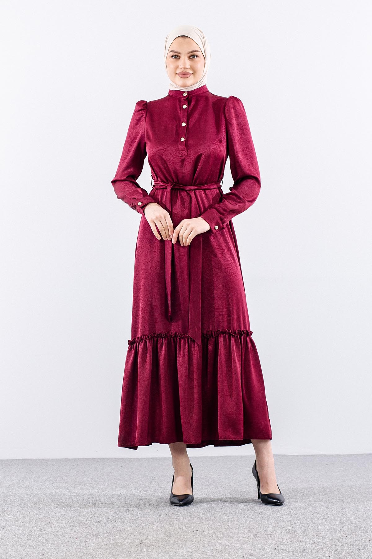 G-1638 Elbi̇se 38-48 Saten Kumas Dugme Detay - Bordo - 1