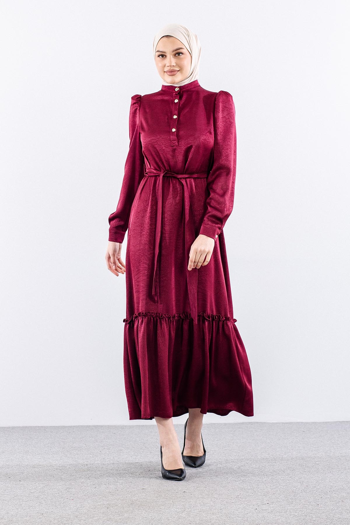 G-1638 Elbi̇se 38-48 Saten Kumas Dugme Detay - Bordo - 2