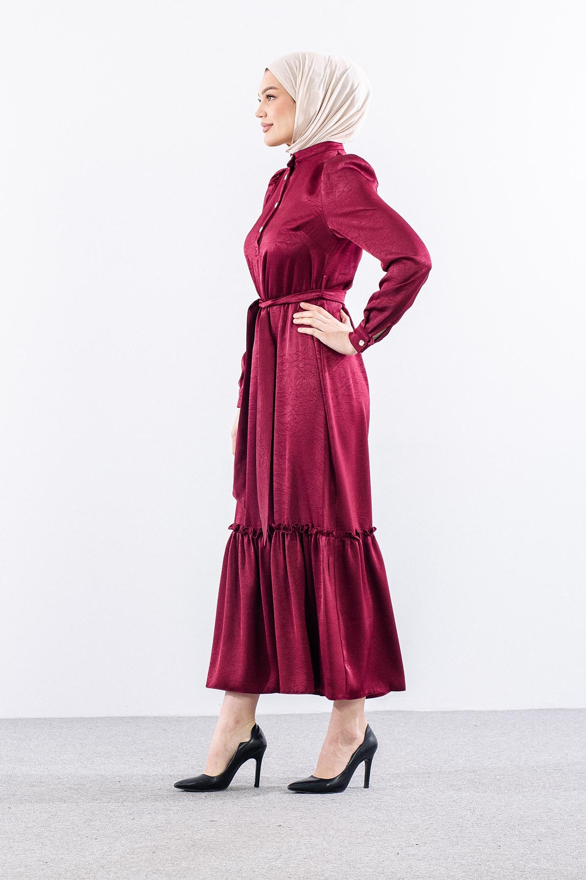 G-1638 Elbi̇se 38-48 Saten Kumas Dugme Detay - Bordo - 4