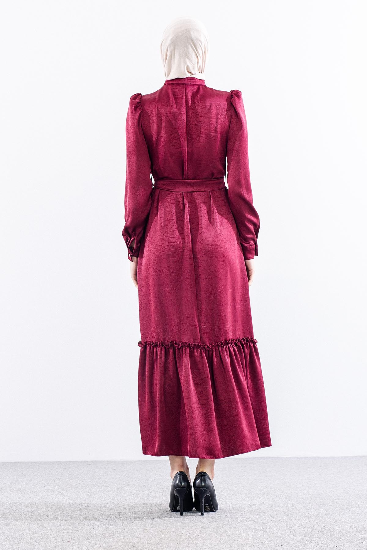 G-1638 Elbi̇se 38-48 Saten Kumas Dugme Detay - Bordo - 5