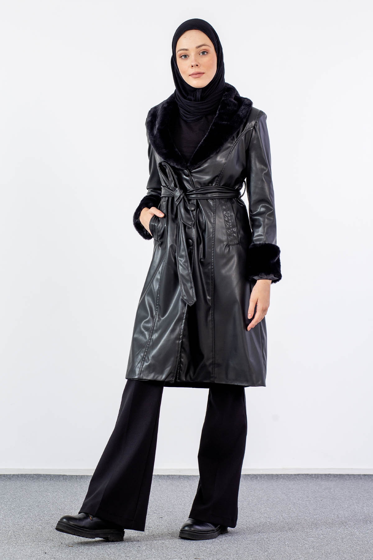 K1886-00 Kürklü Deri Kap S-m-l - Siyah - 1