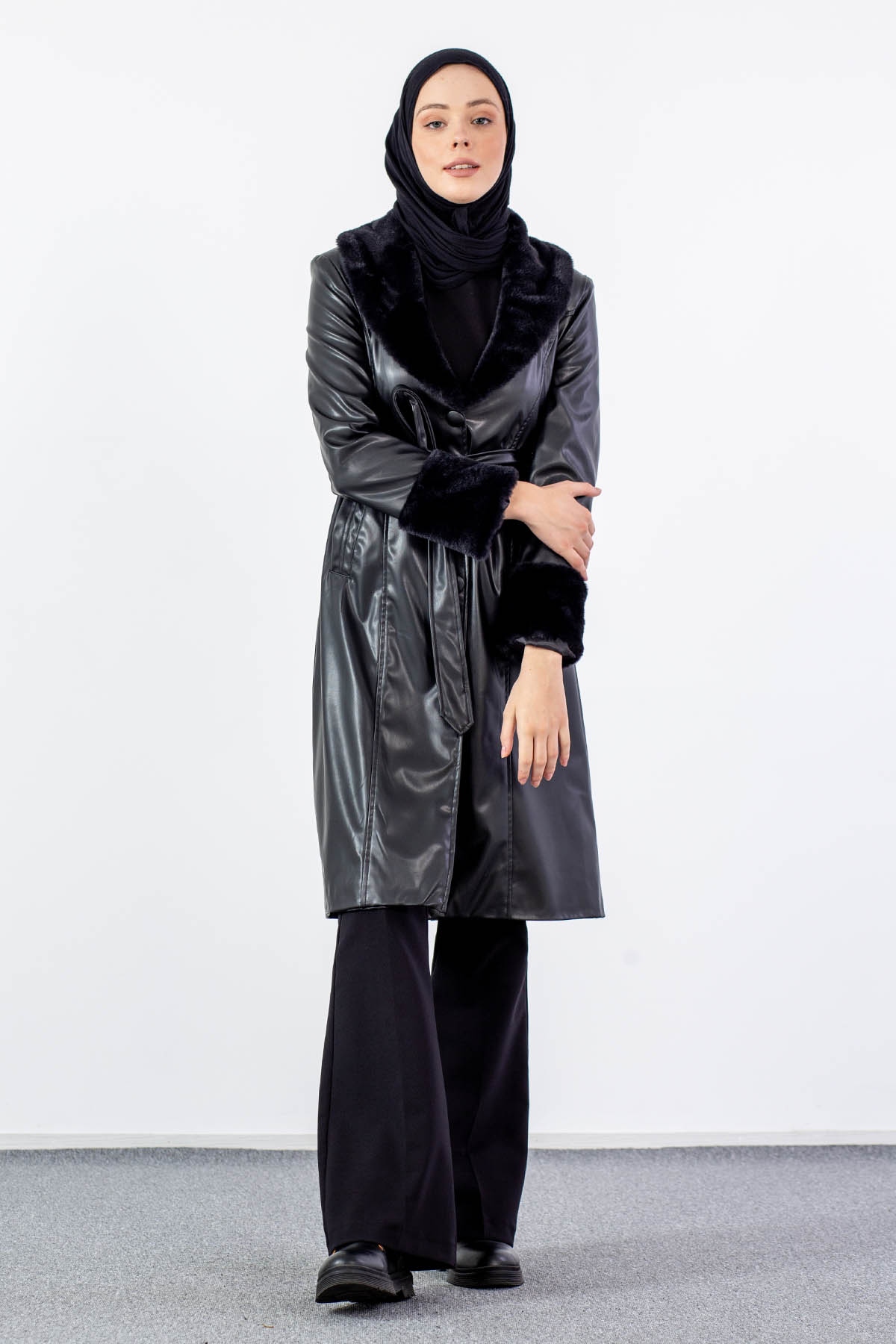 K1886-00 Kürklü Deri Kap S-m-l - Siyah - 2