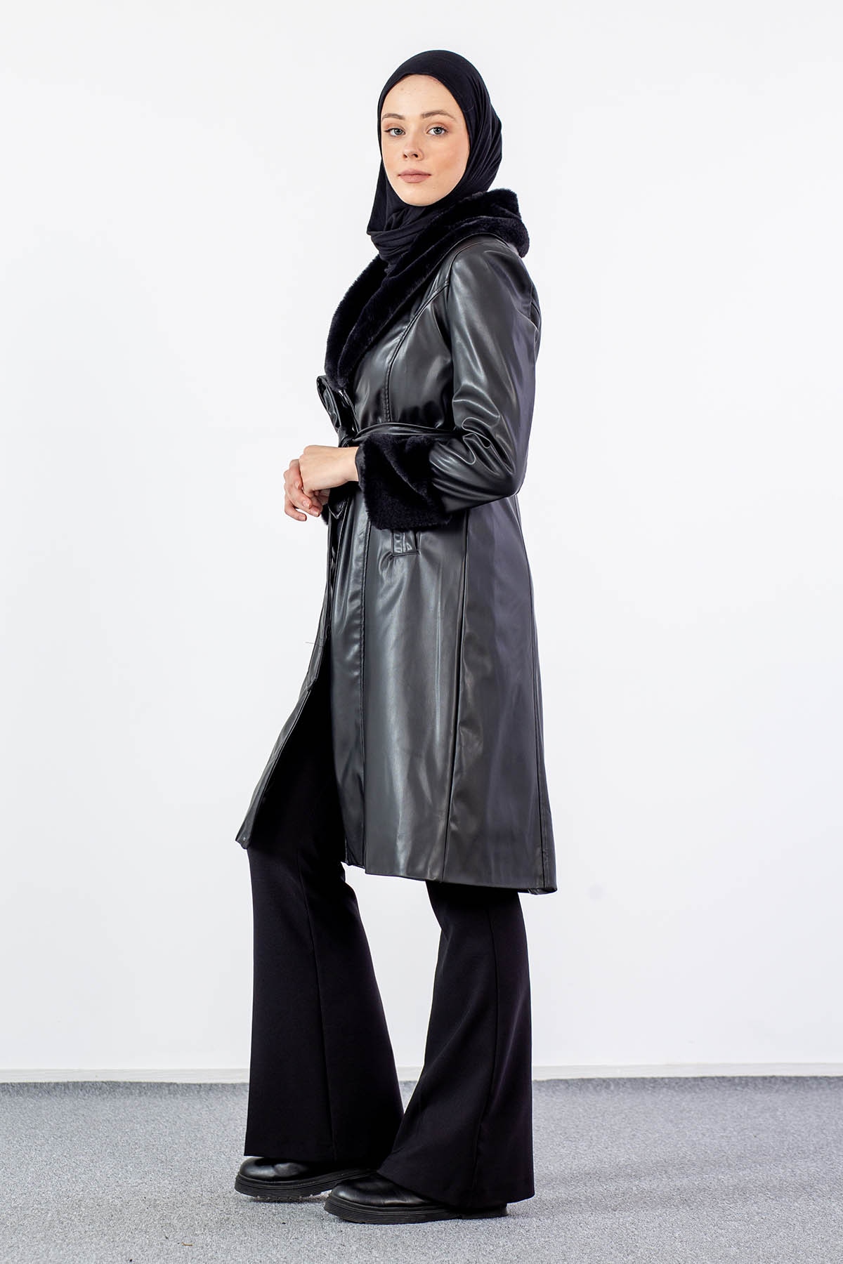 K1886-00 Kürklü Deri Kap S-m-l - Siyah - 3