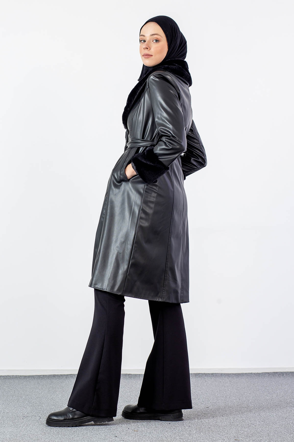 K1886-00 Kürklü Deri Kap S-m-l - Siyah - 4