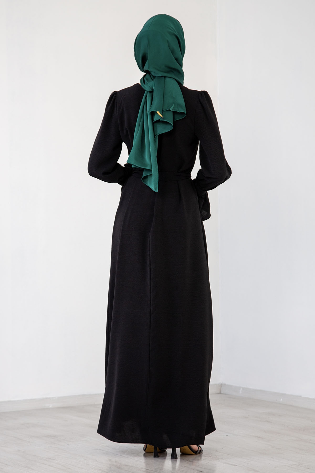 Kolu Pileli Elbise 38-48 - Siyah - 5