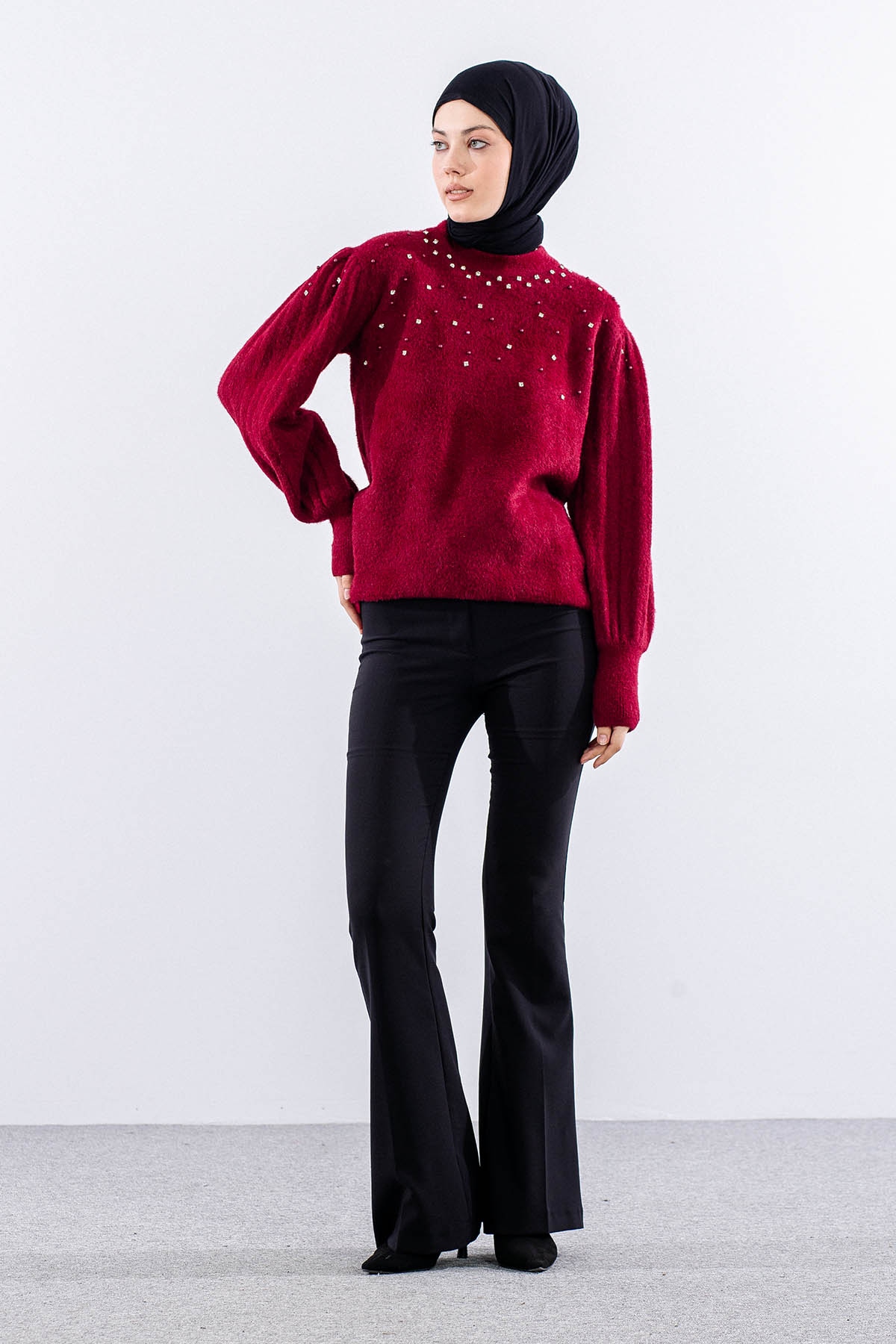 N24117 Triko Kazak Tek Sakalli - Bordo - 1