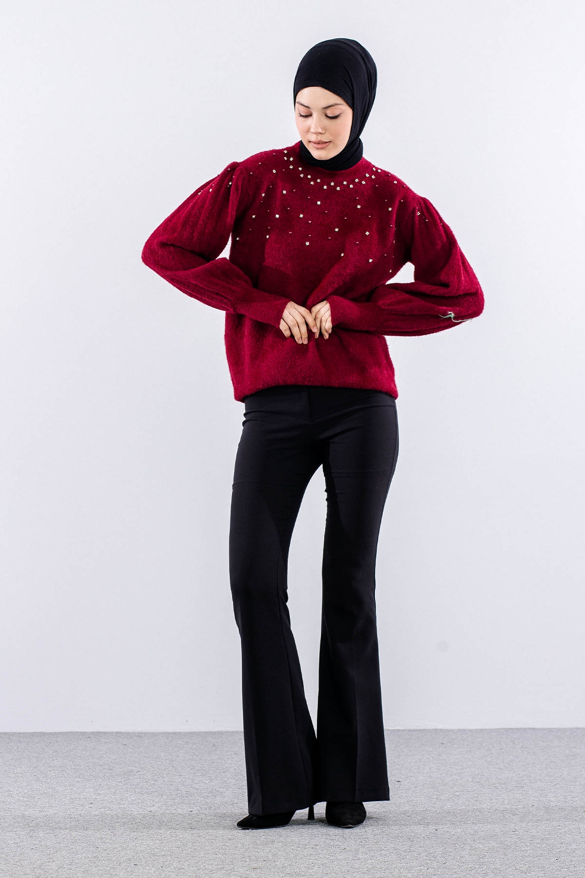 N24117 Triko Kazak Tek Sakalli - Bordo - 2