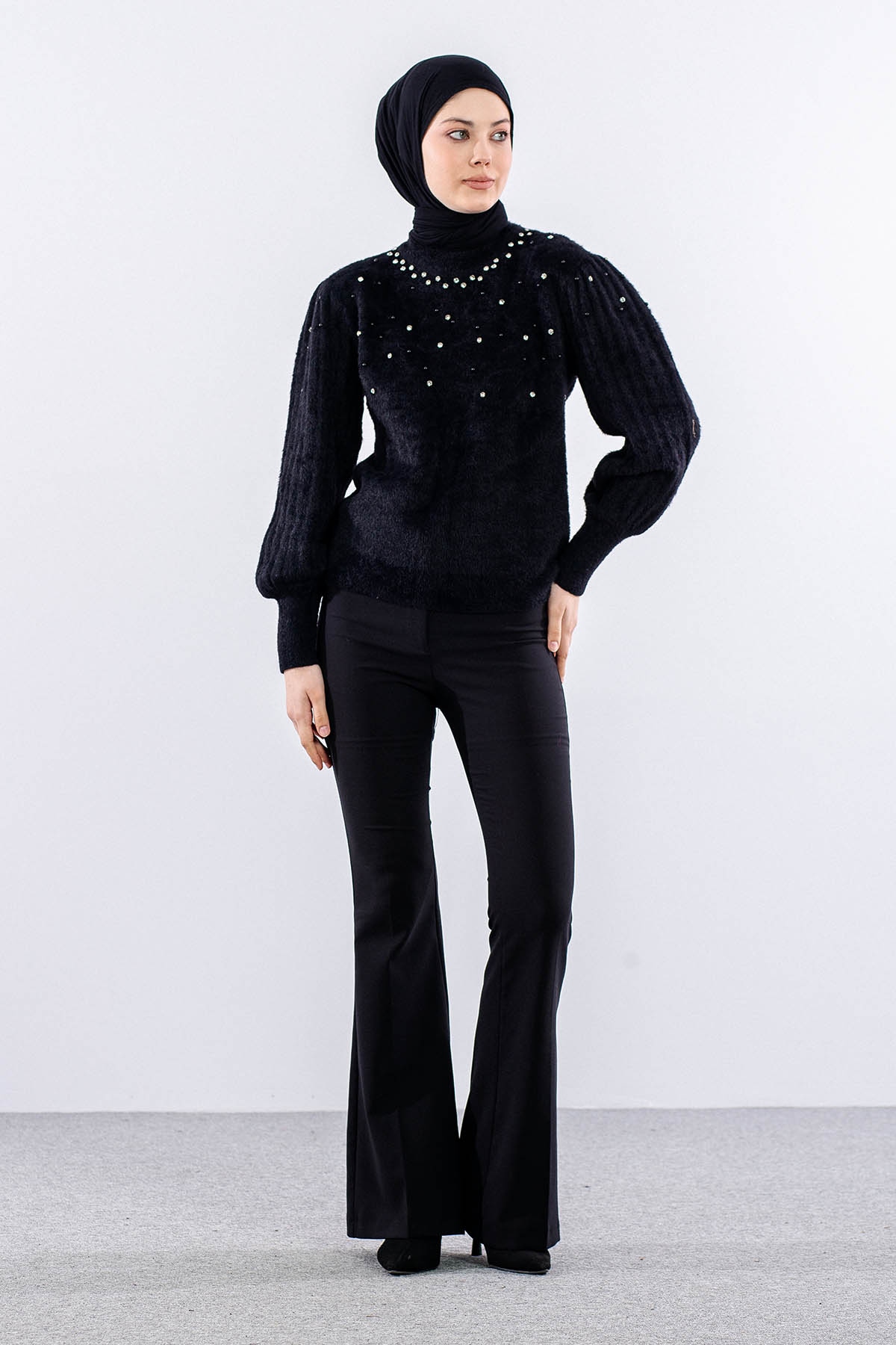 N24117 Triko Kazak Tek Sakalli - Siyah - 1