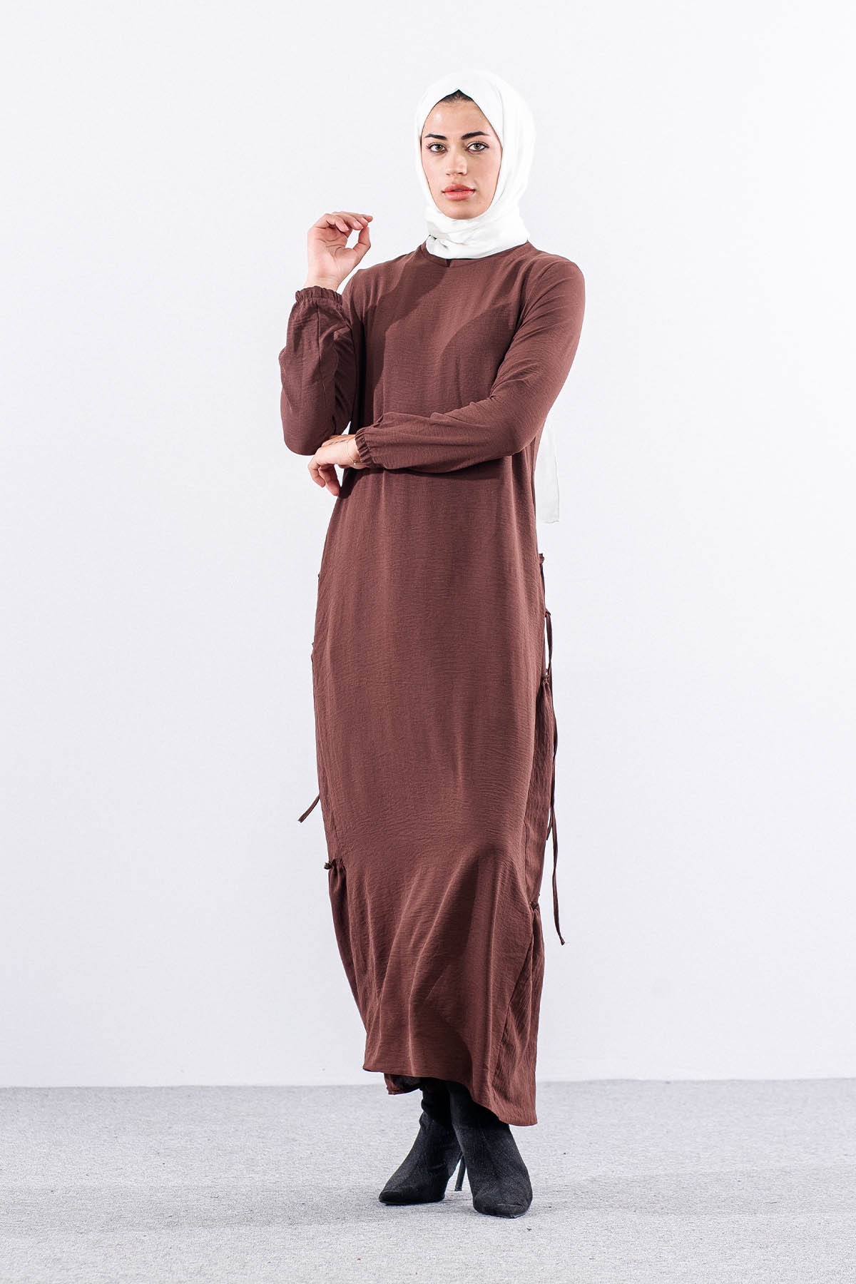 N2817 Elbise 42-52 Yan Detay - Kahve - 2