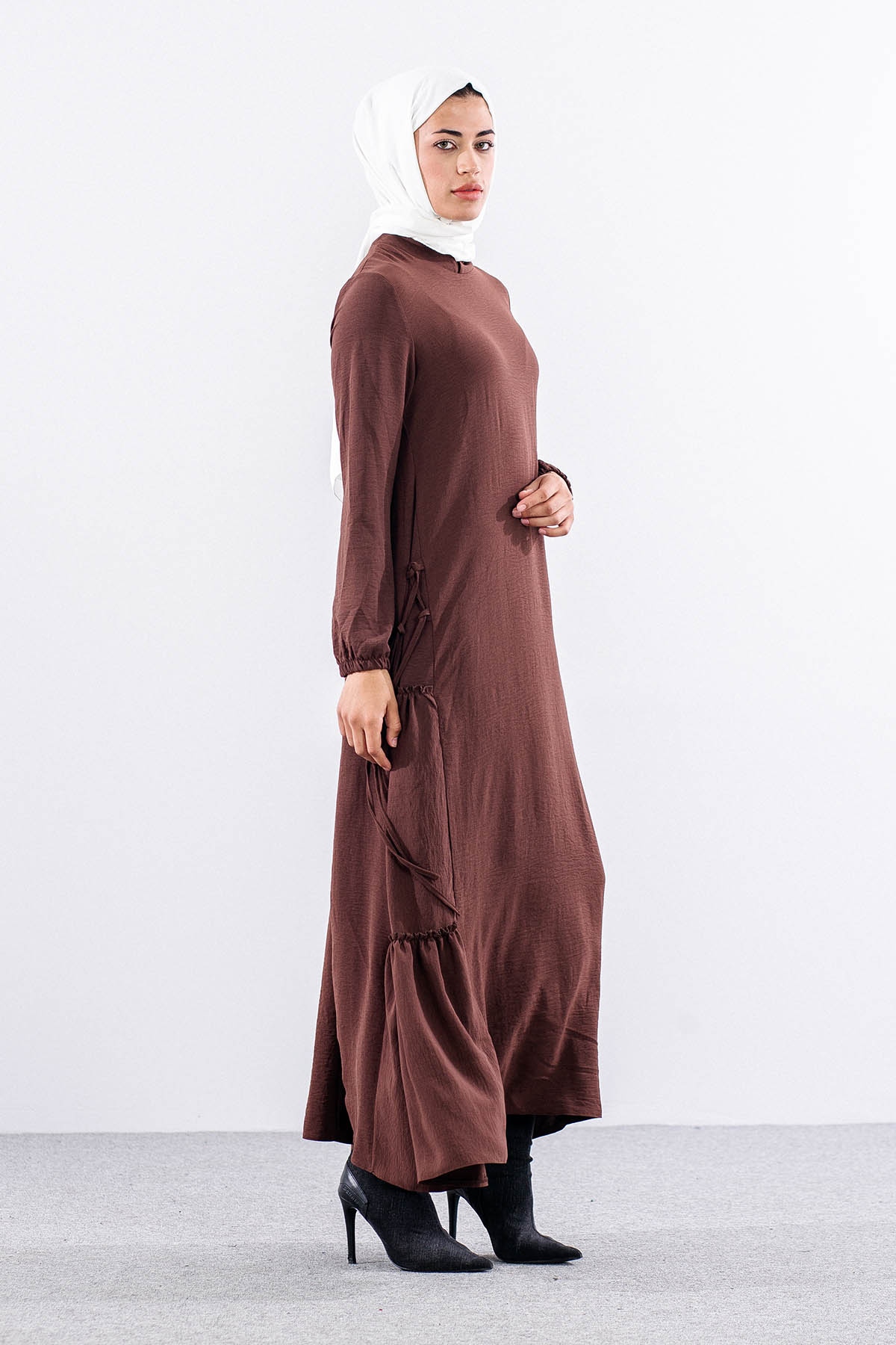 N2817 Elbise 42-52 Yan Detay - Kahve - 3