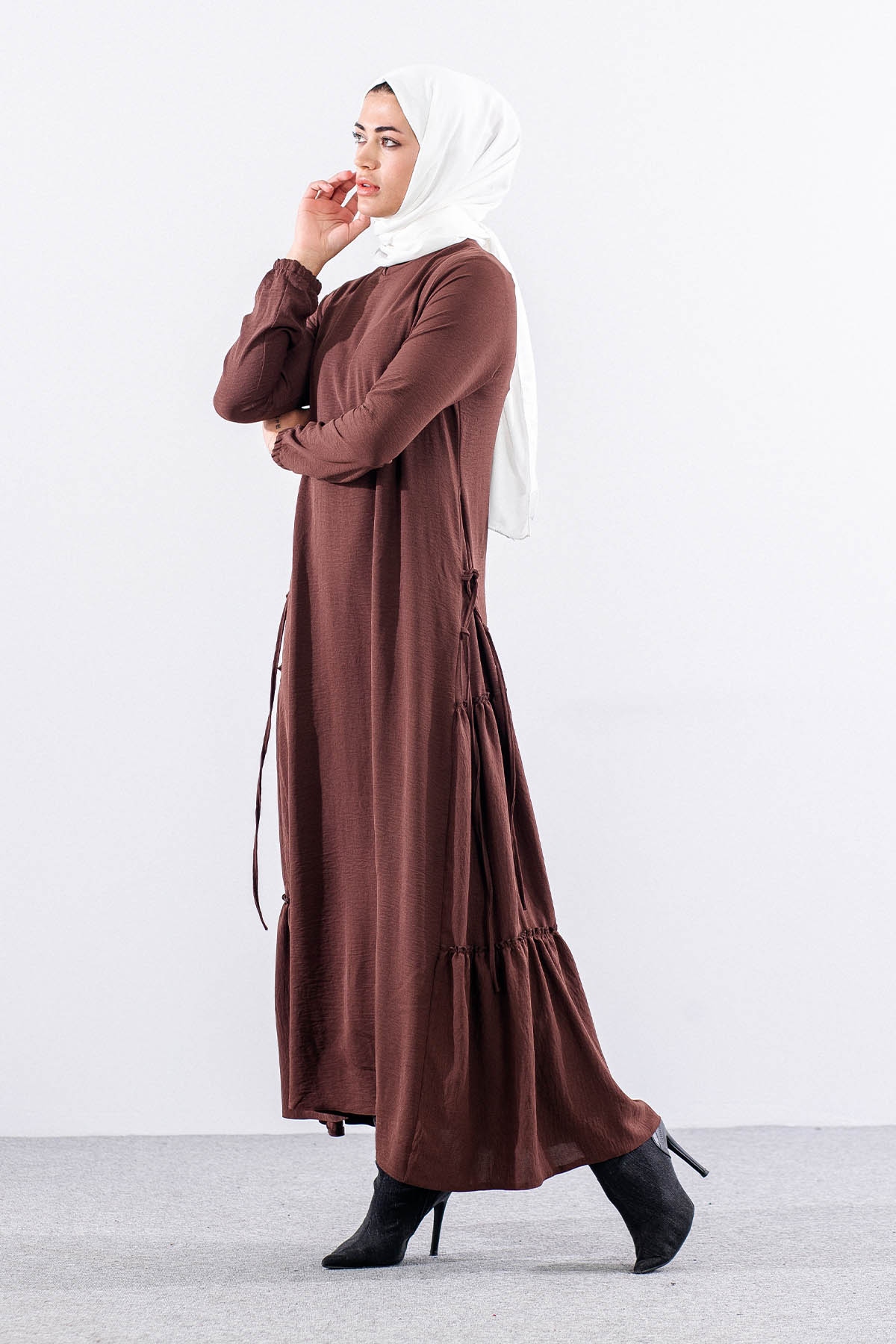 N2817 Elbise 42-52 Yan Detay - Kahve - 5