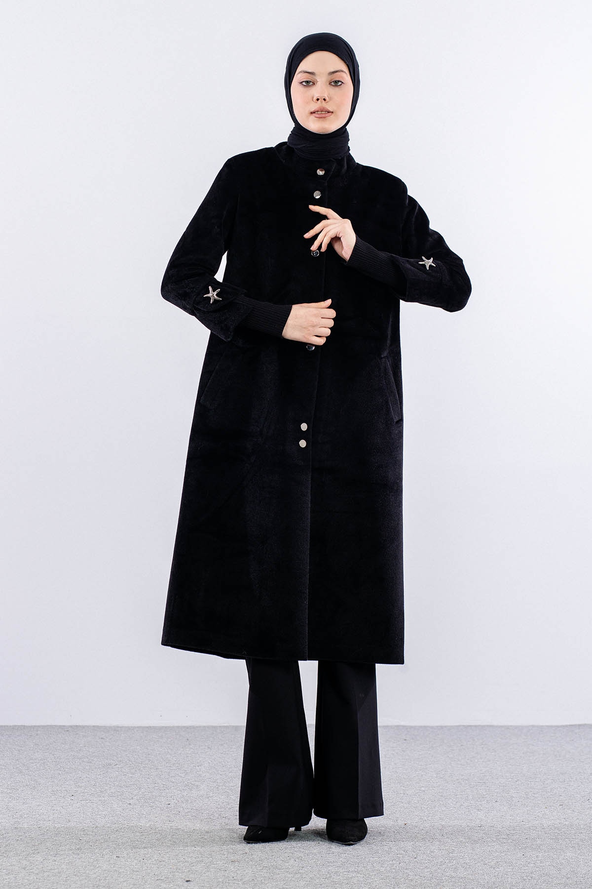 N3169 Kaşe Kaban (2-5)42-48 Kurk Yuksek Yaka - Siyah - 1