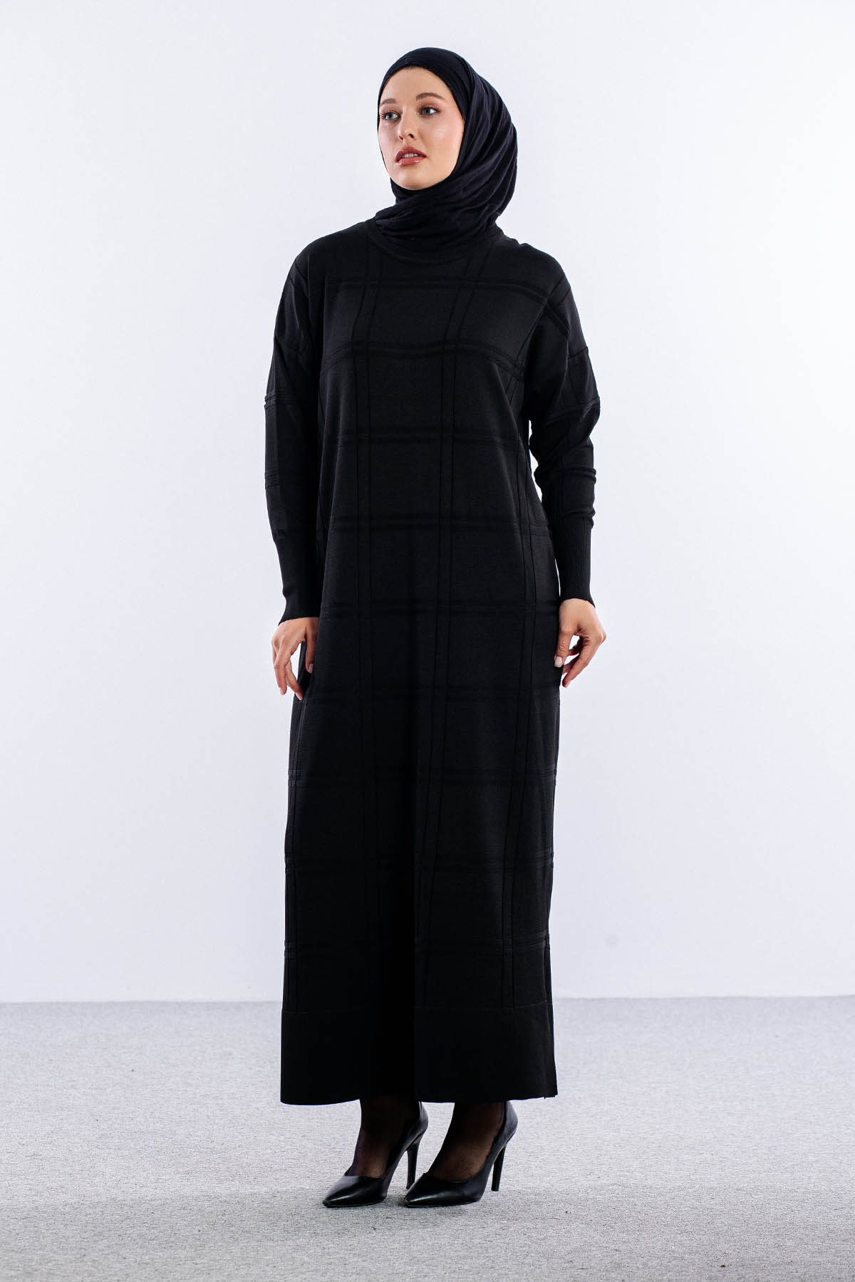 N336 Triko Elbise Tek - Siyah - 1