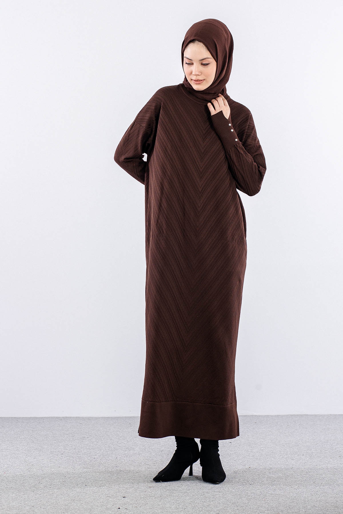 N337 Triko Elbise Tek - Kahve - 2