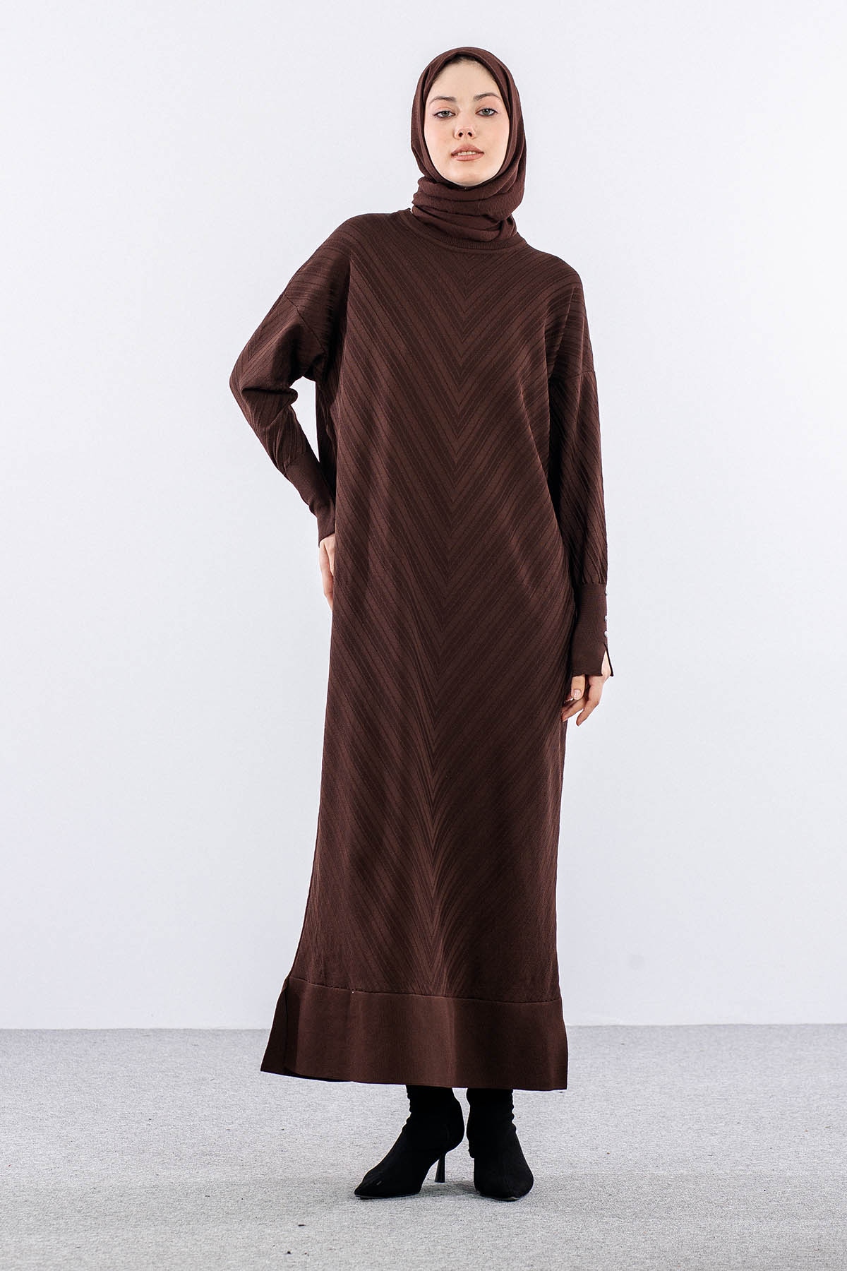 N337 Triko Elbise Tek - Kahve - 5