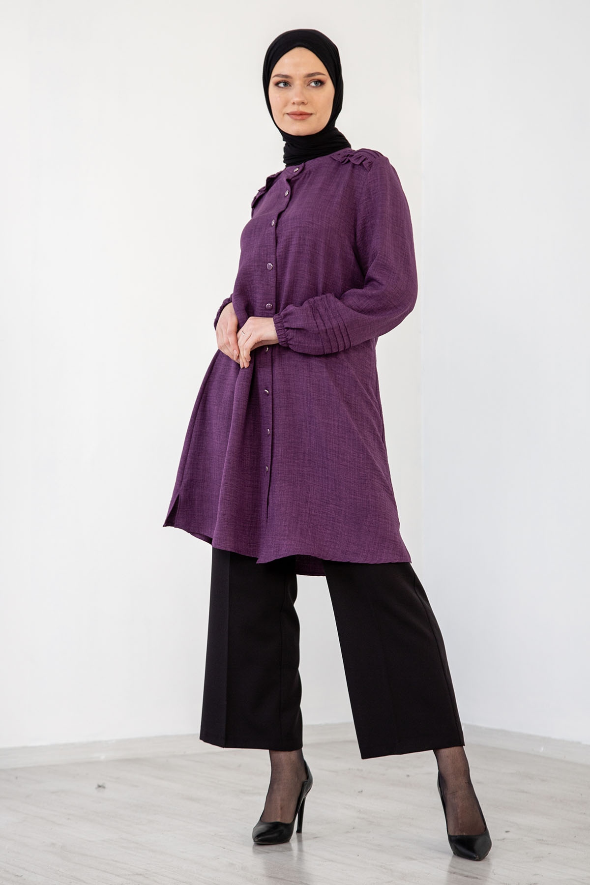 N7610 Nervür Tunik 48-54 - Mor - 2