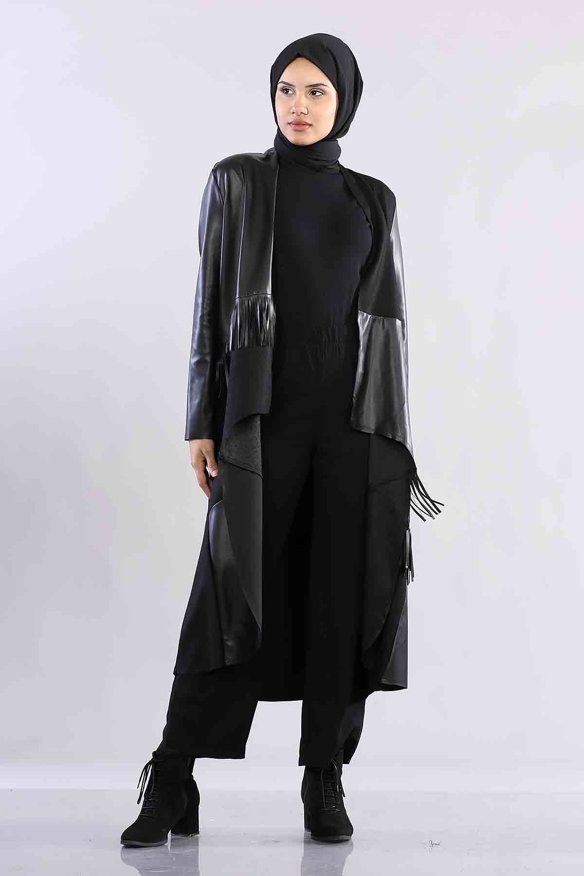 R2239 Deri Kombinli Keçe 1-2-3-4 - Siyah - 2