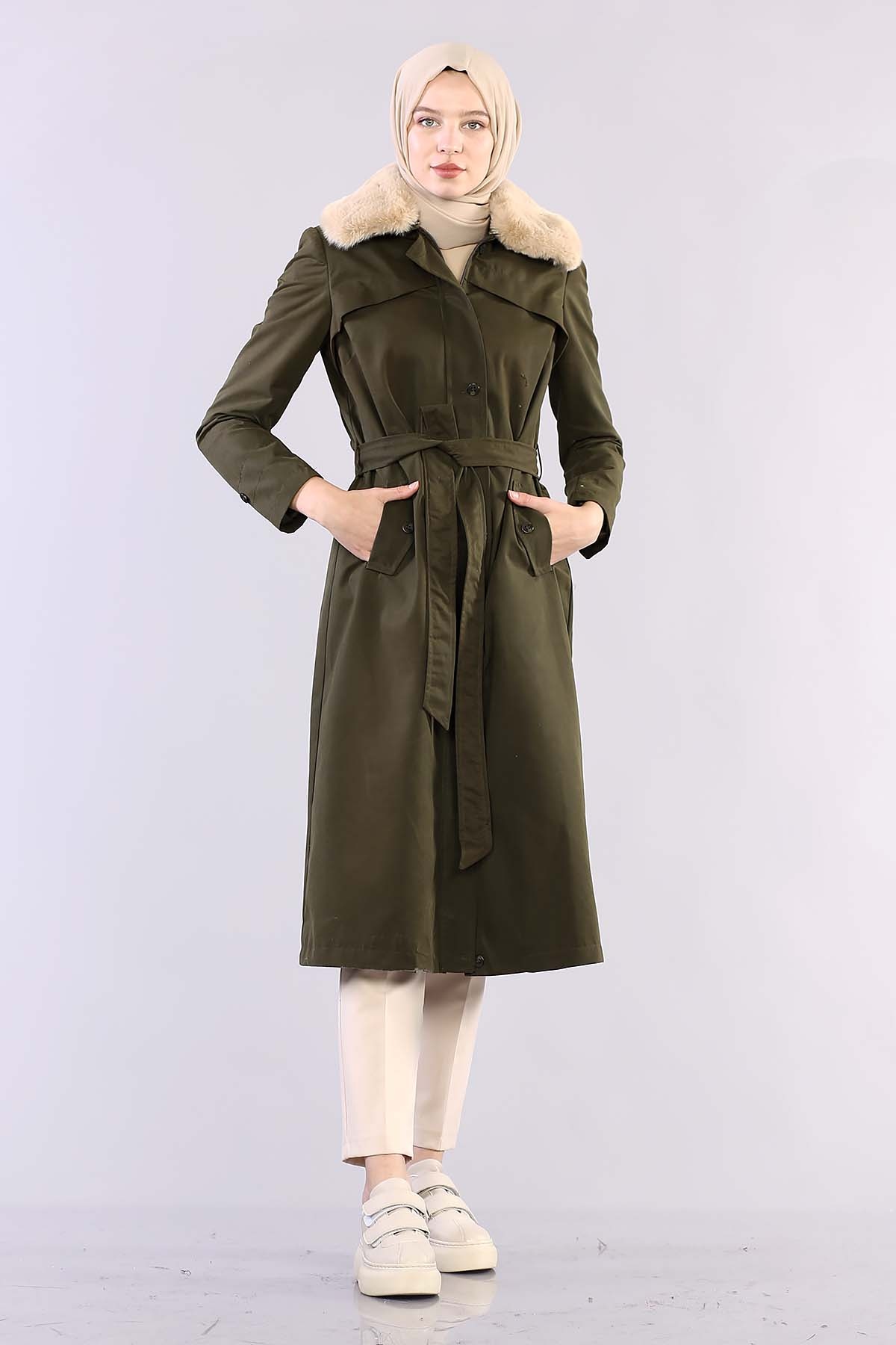 T1121 Kürklü Trençkot 38-46 - Haki - 1