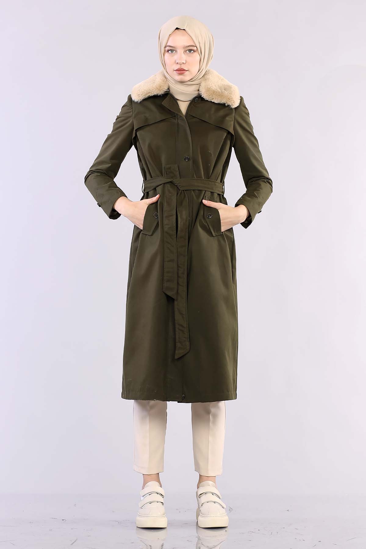 T1121 Kürklü Trençkot 38-46 - Haki - 2