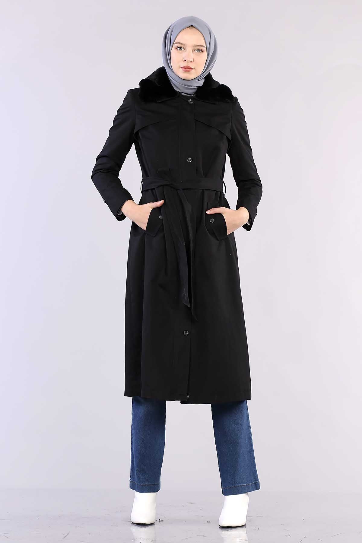 T1121 Kürklü Trençkot 38-46 - Siyah - 1