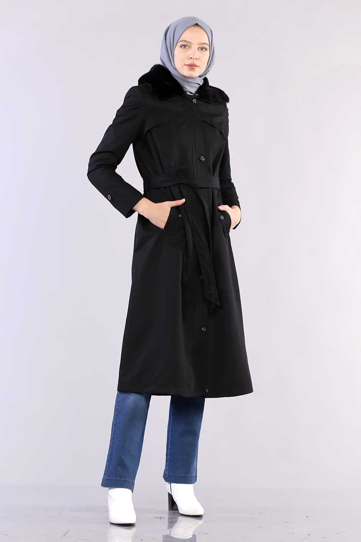 T1121 Kürklü Trençkot 38-46 - Siyah - 2