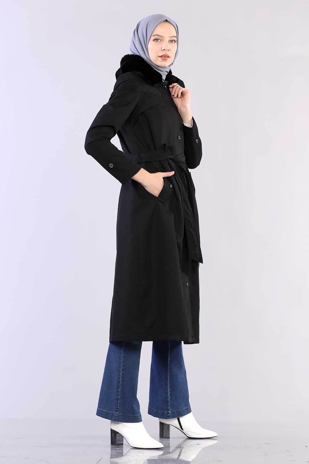 T1121 Kürklü Trençkot 38-46 - Siyah - 3