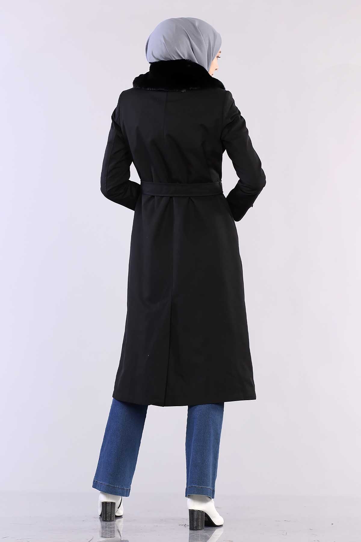 T1121 Kürklü Trençkot 38-46 - Siyah - 4