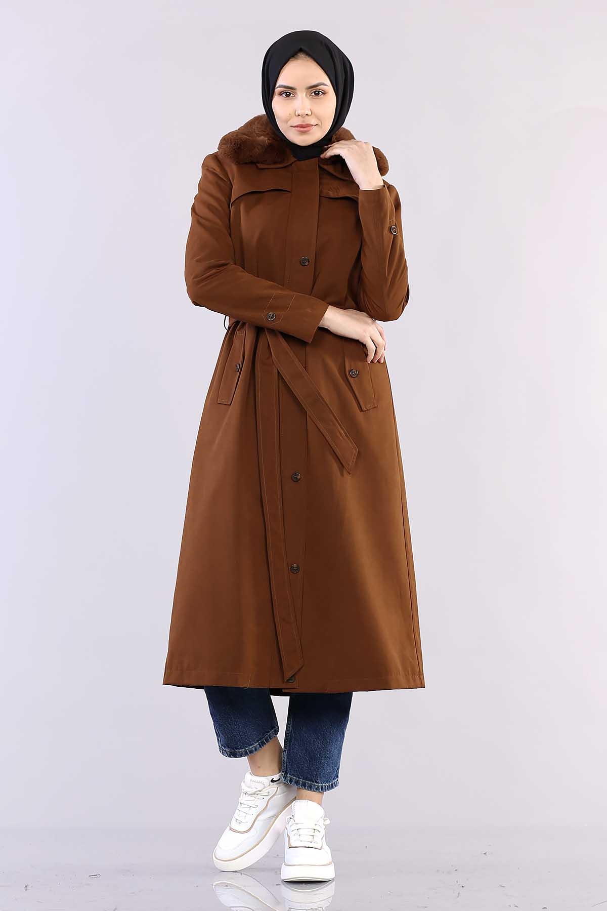T1121 Kürklü Trençkot 38-46 - Taba - 1