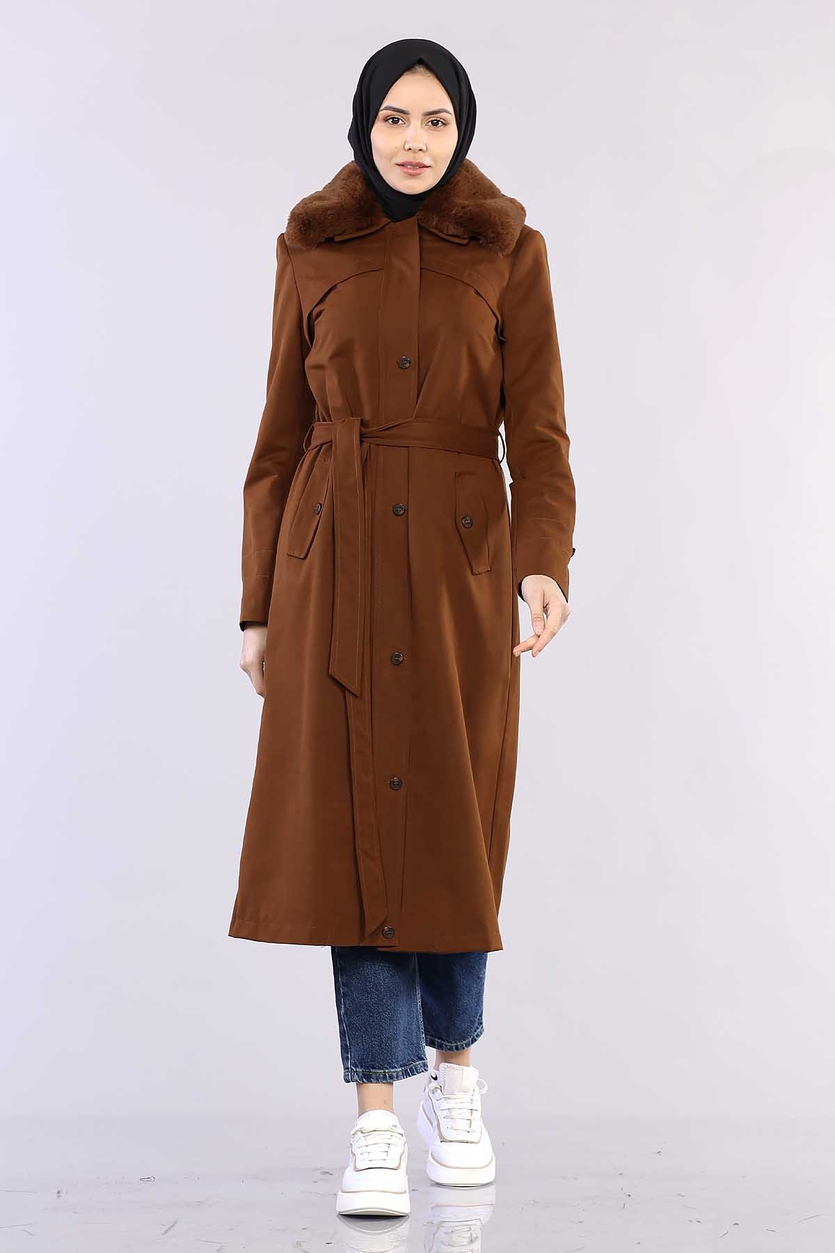 T1121 Kürklü Trençkot 38-46 - Taba - 2