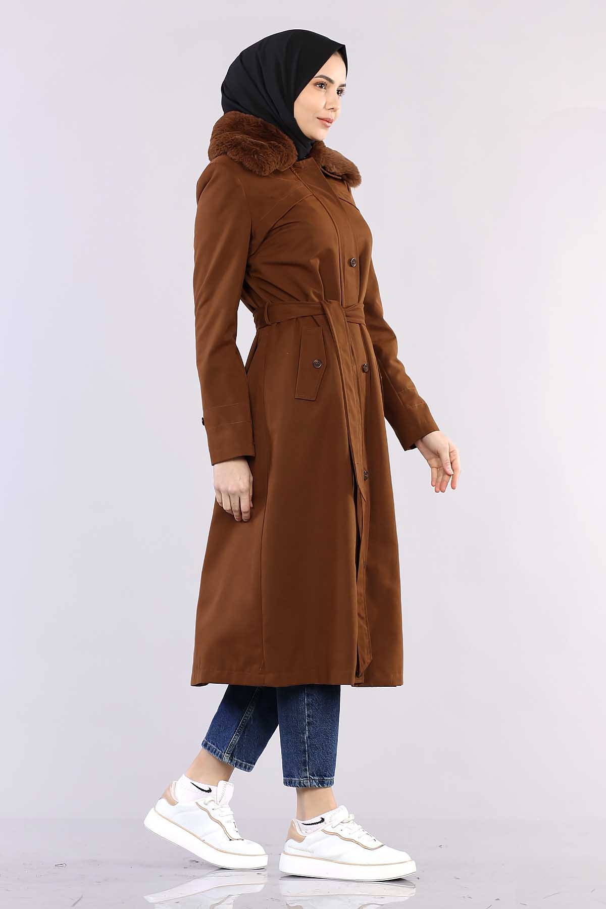 T1121 Kürklü Trençkot 38-46 - Taba - 3