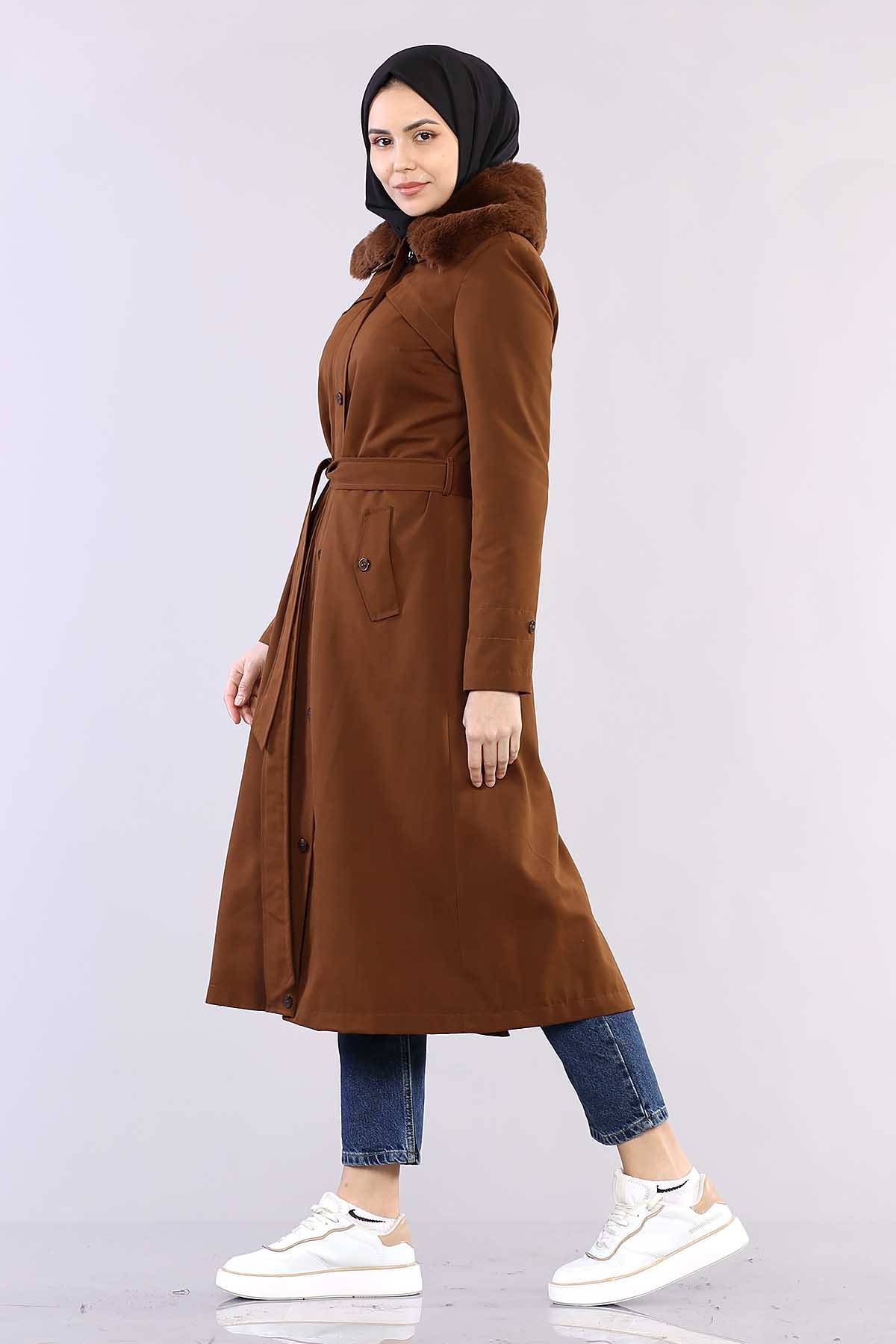 T1121 Kürklü Trençkot 38-46 - Taba - 4