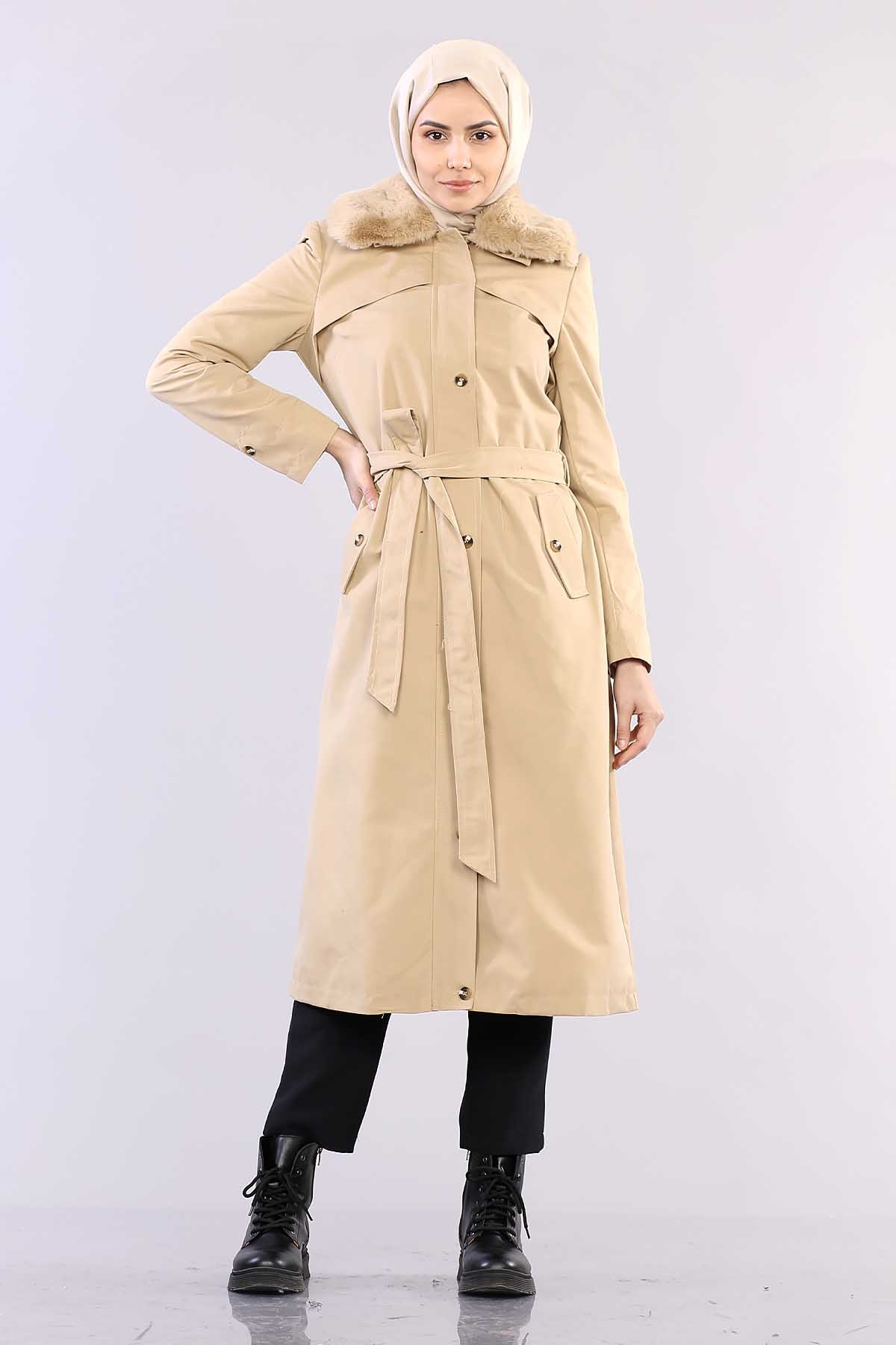 T1121 Kürklü Trençkot 38-46 - Tas - 1