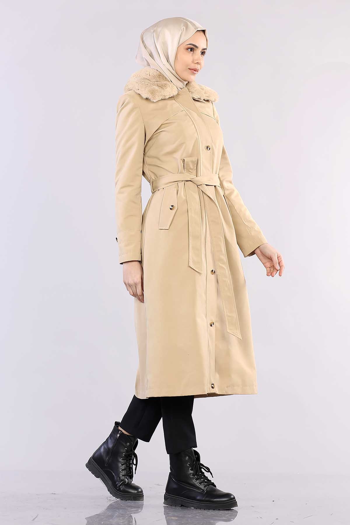 T1121 Kürklü Trençkot 38-46 - Tas - 3