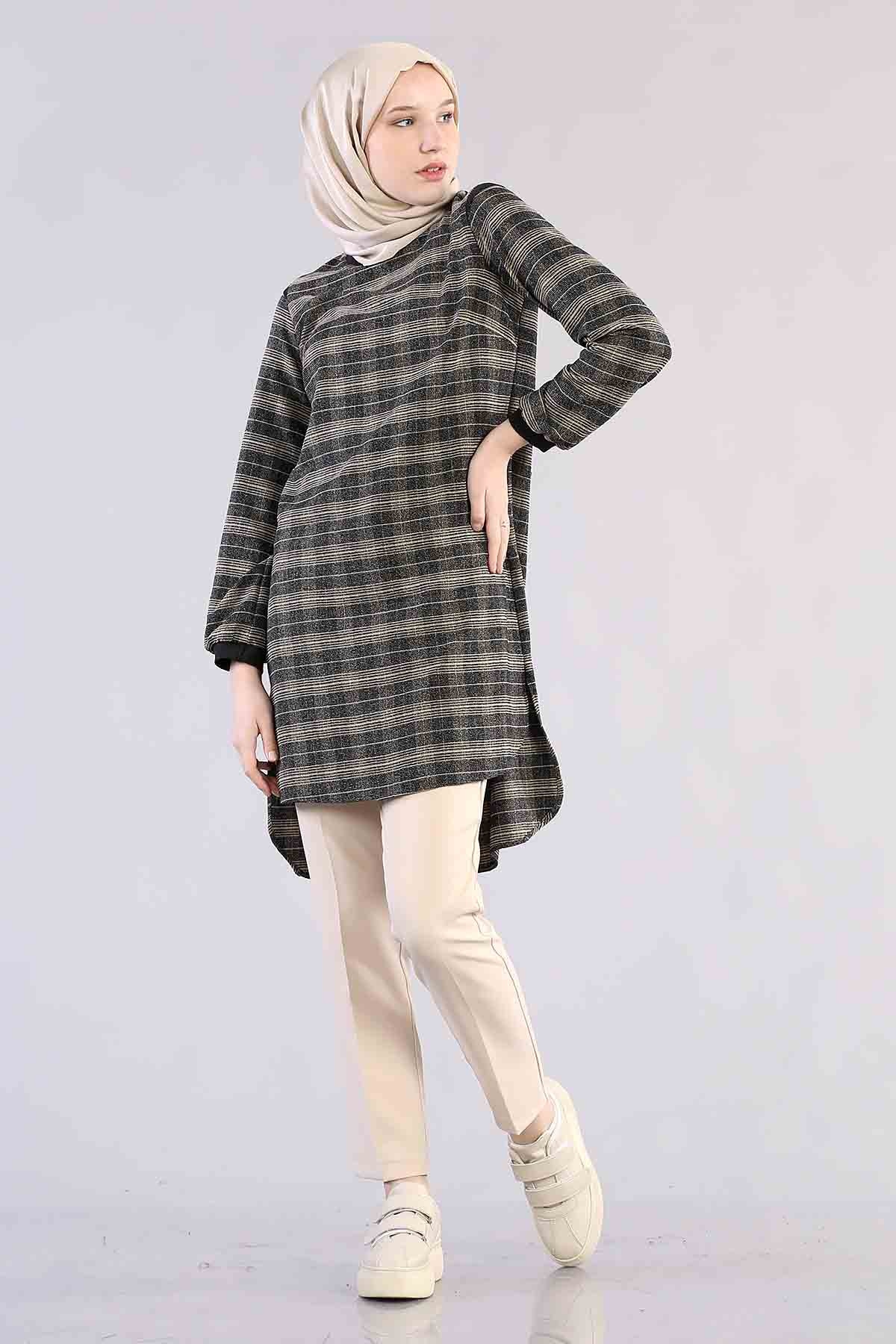 T1137 çizgili Tunik 38-46 - Bej - 1