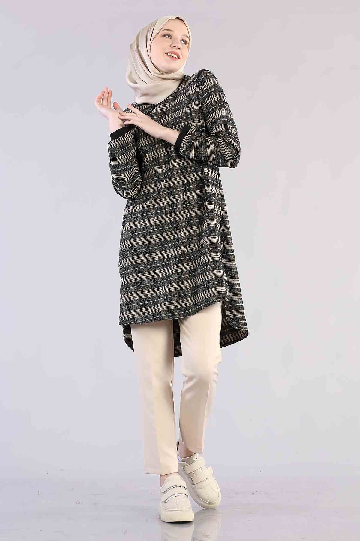 T1137 çizgili Tunik 38-46 - Bej - 2