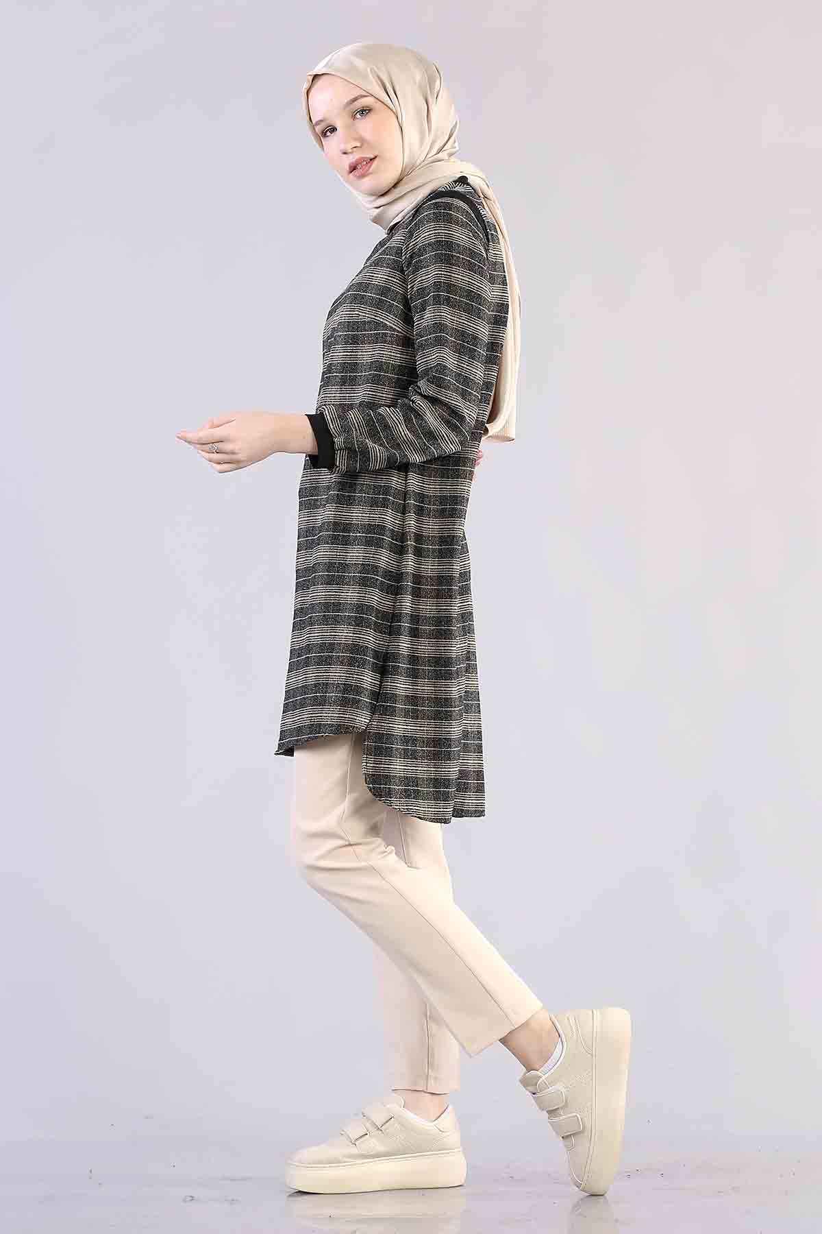 T1137 çizgili Tunik 38-46 - Bej - 4