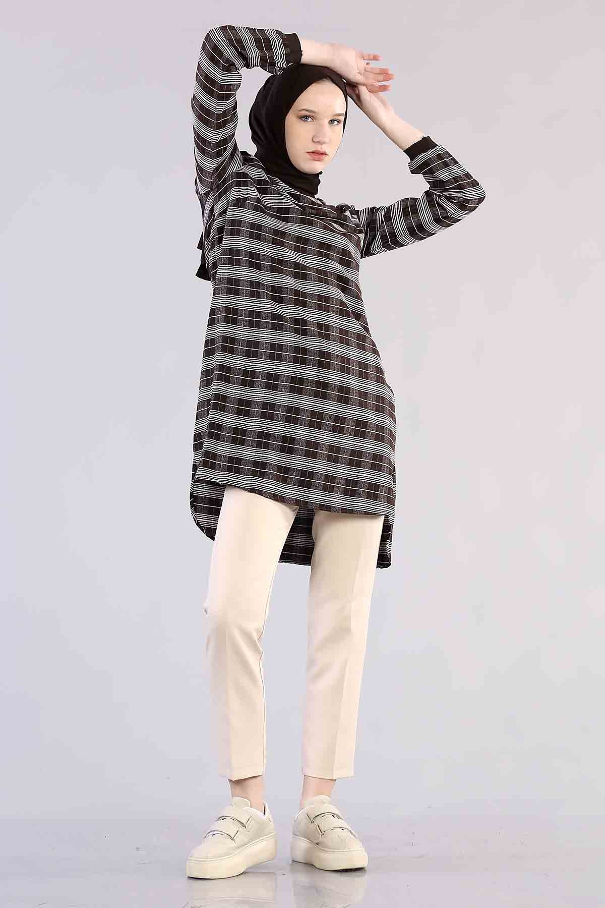 T1137 çizgili Tunik 38-46 - Kahve - 1