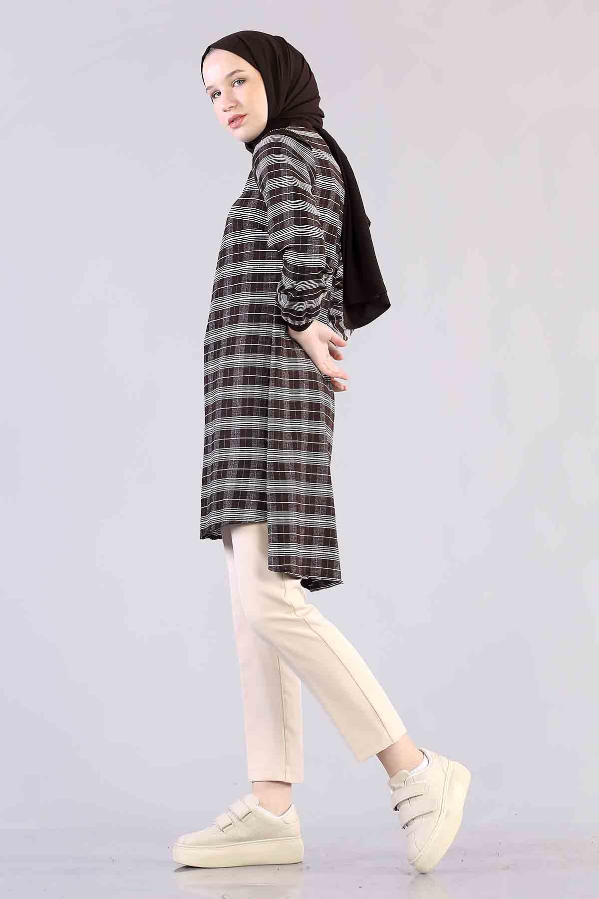 T1137 çizgili Tunik 38-46 - Kahve - 2