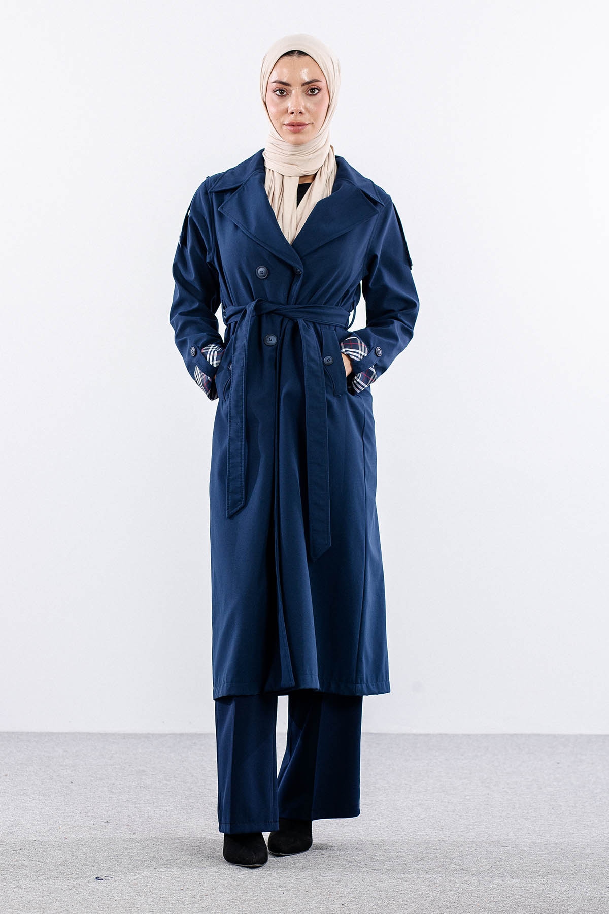 T1581 Trenç Kap 38-46 42 Cıft Burberry Astar - Lacivert - 1