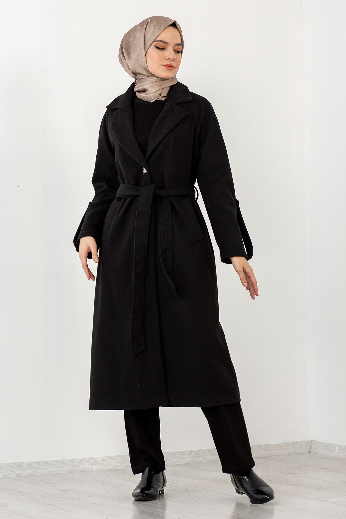 Tek Düğme Kaşe Kaban 38-48 - Siyah - 1