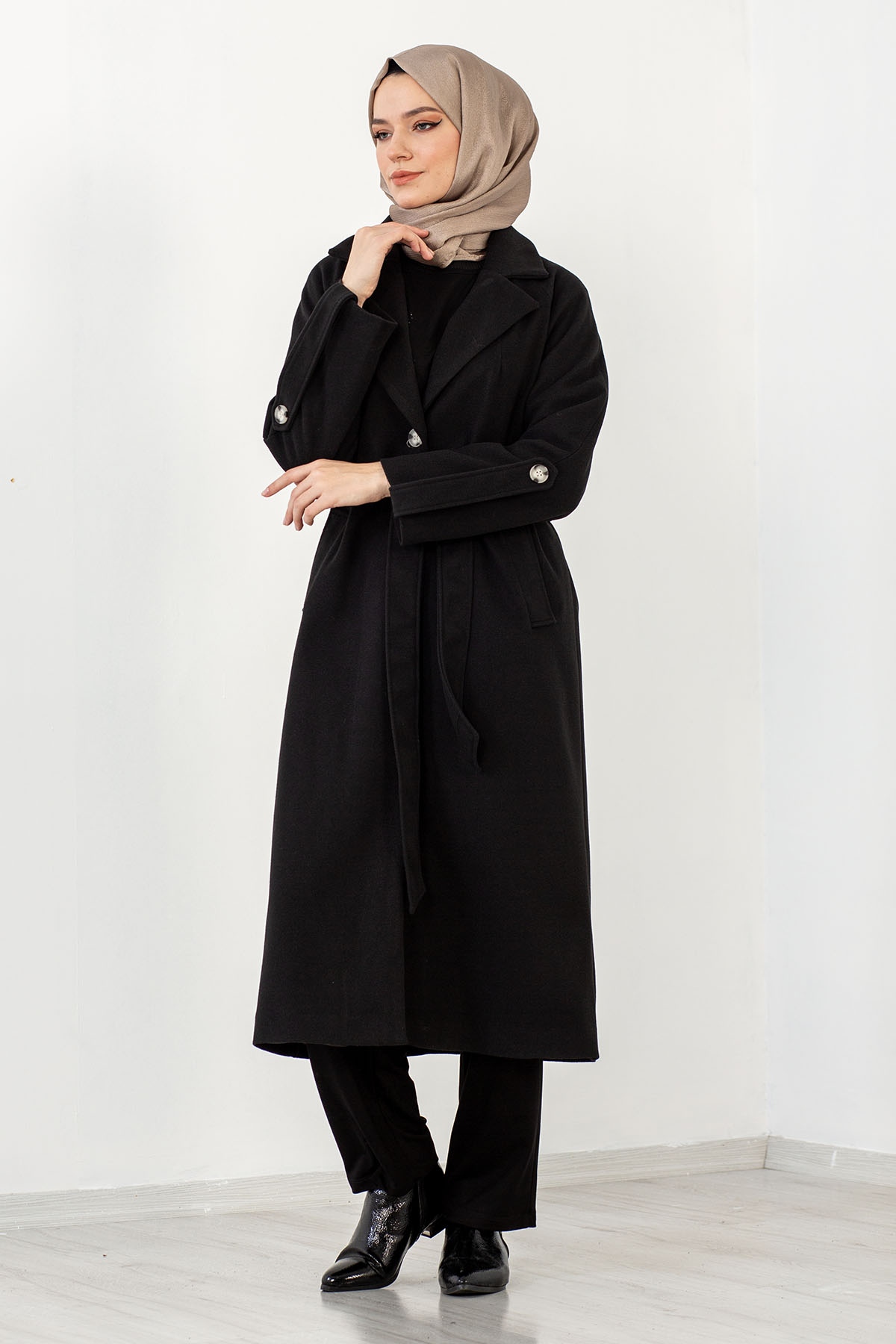 Tek Düğme Kaşe Kaban 38-48 - Siyah - 2